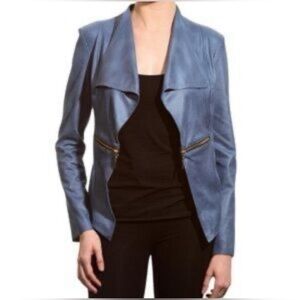 Joseph Ribkoff Slate Blue Open Front Faux Leather Jacket/Blazee